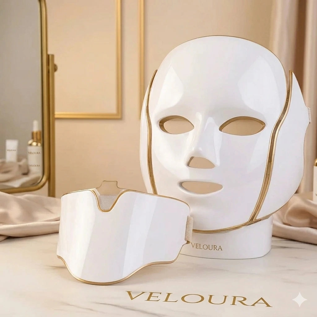 Veloura facial mask device on a beige surface with a mirror in the background